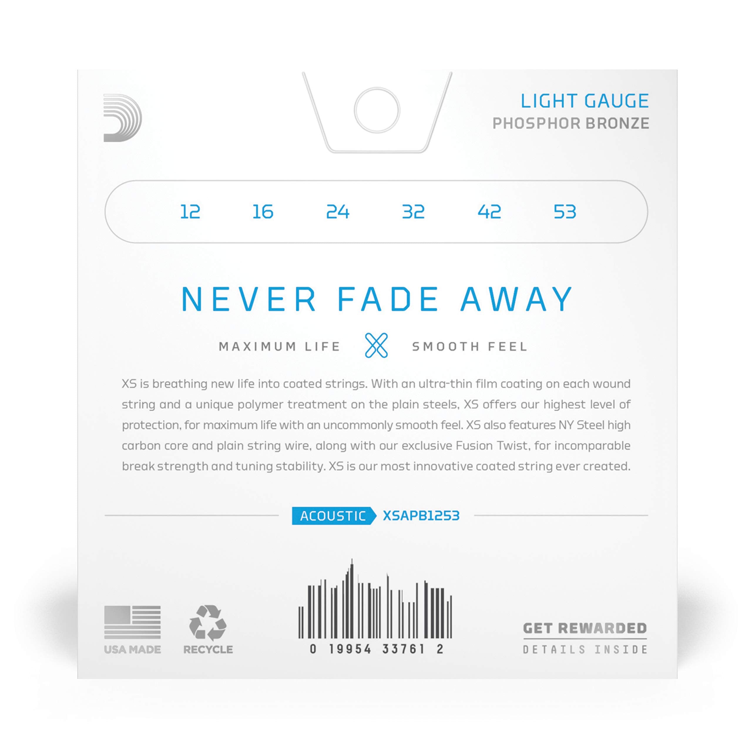 D'Addario Guitar Strings - XS Phosphor Bronze Coated Acoustic Guitar Strings - XSAPB1253 - Maximum Life with Smooth Feel & Excep